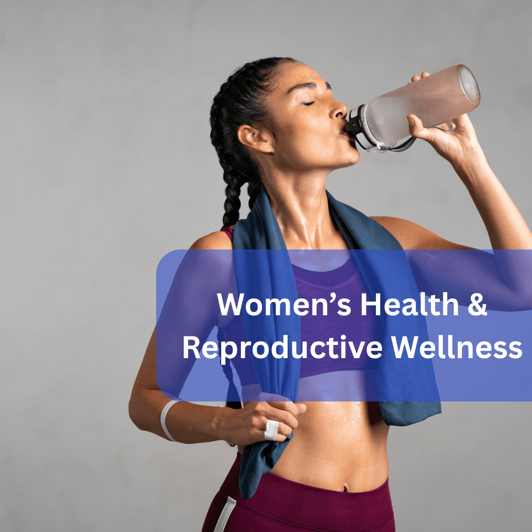 Fit woman drinking water after workout, symbolizing women’s health and reproductive wellness.